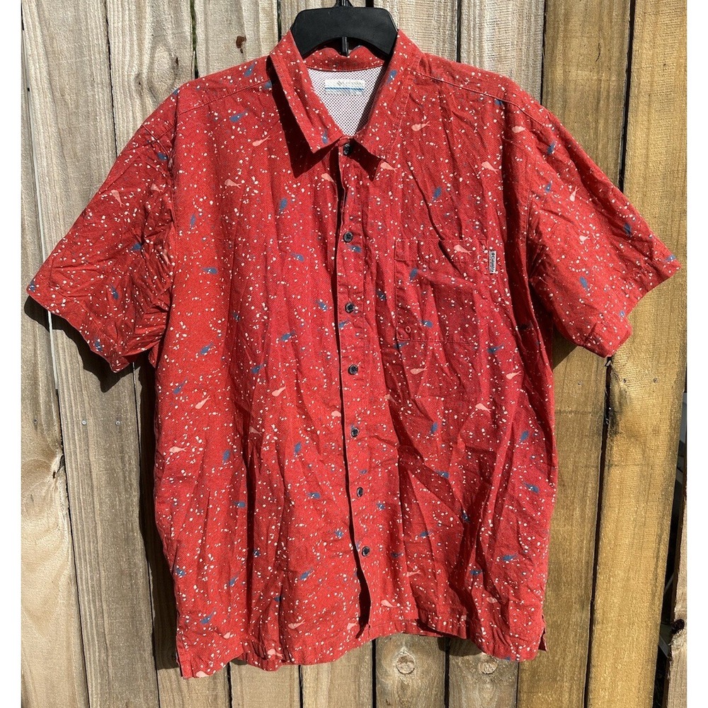 Columbia Shirt Mens Medium Red PFG Pocket Button Up Whale Fish Print Vented